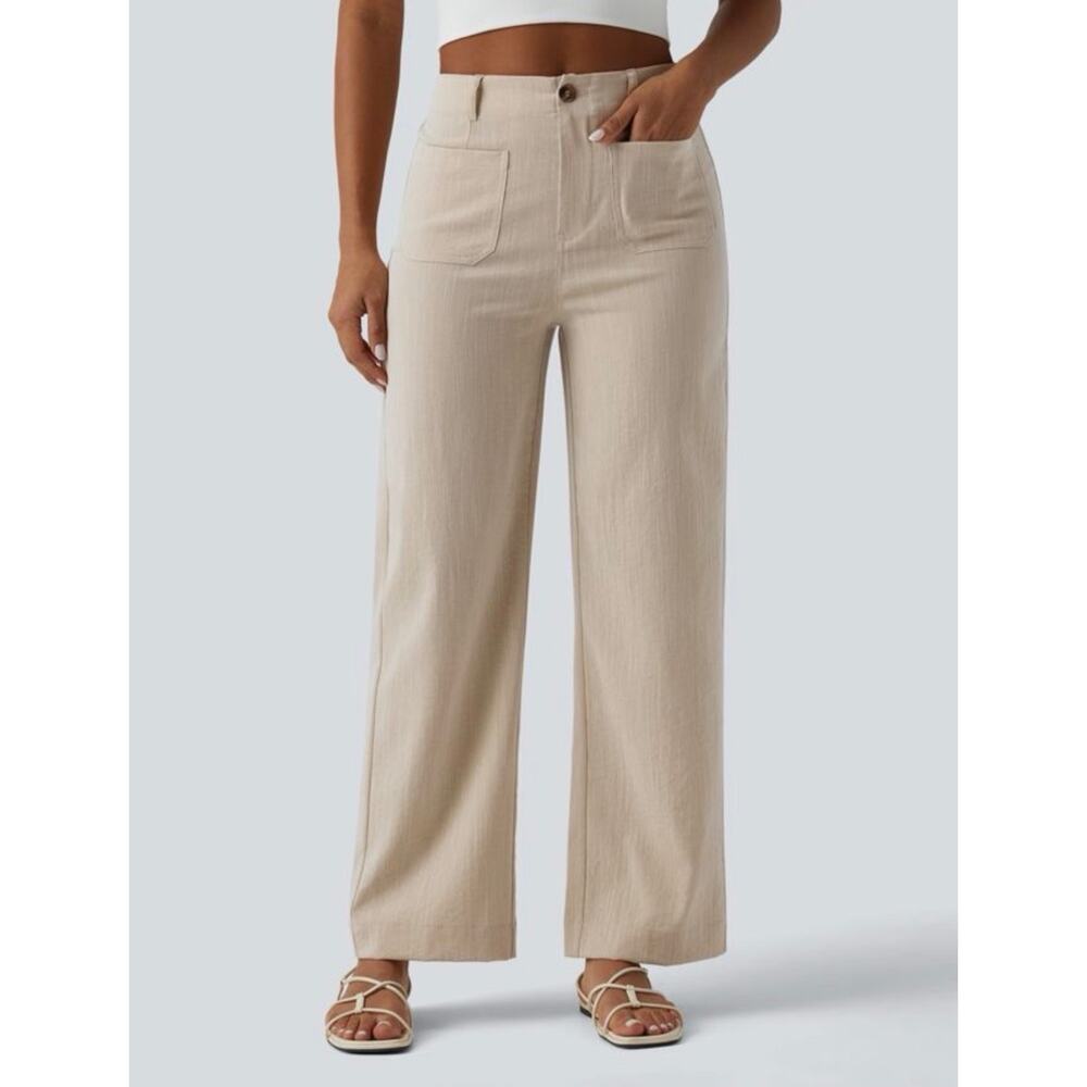 NWT High Waisted Straight Leg Casual Linen-Feel Pants with Pockets-Size L